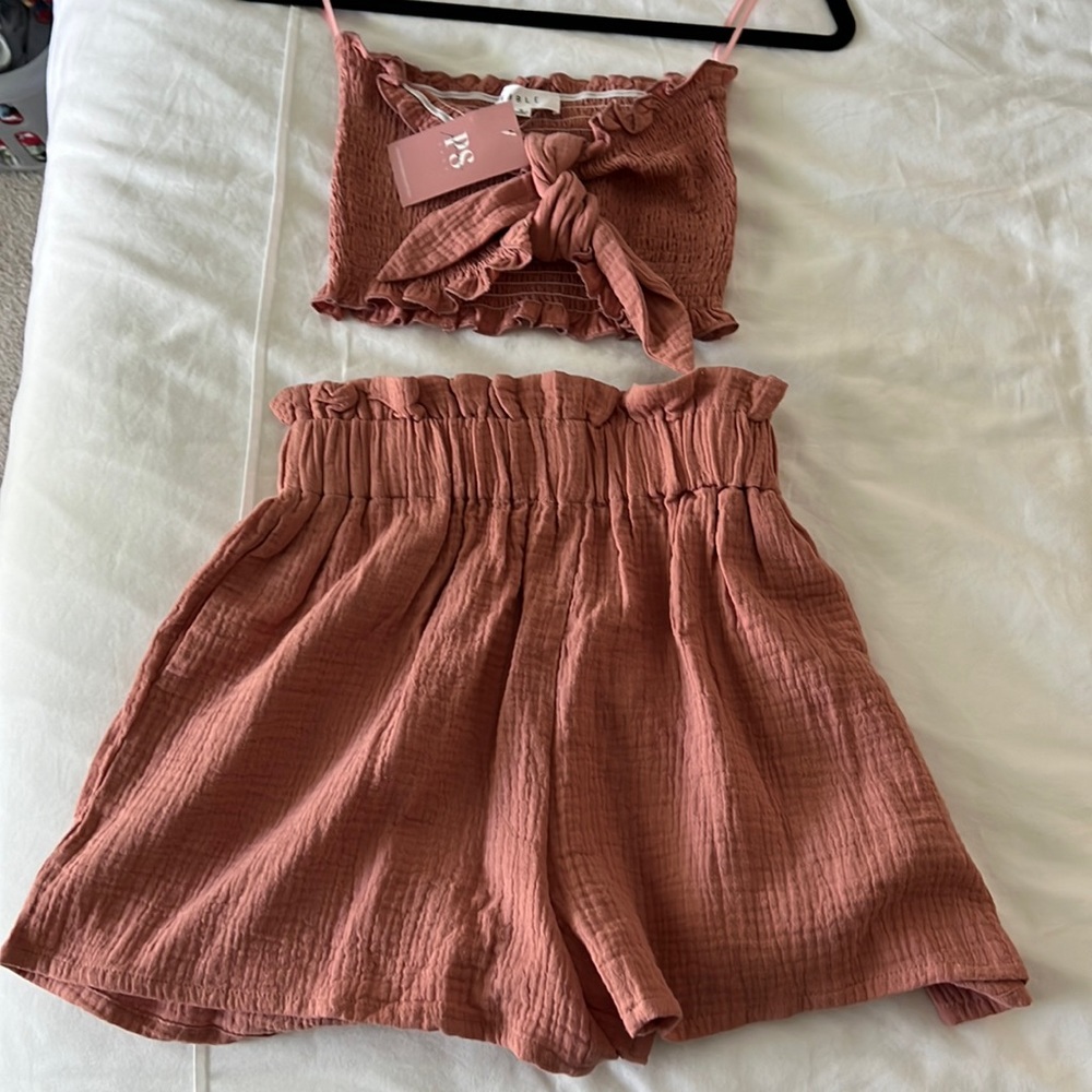Two piece strapless top and high waisted shirt set